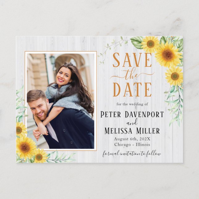 White wood Sunflower Save the Date Photo Holiday Postcard (Front)
