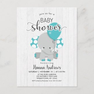 White Wood Teal Elephant Baby Shower Invitation