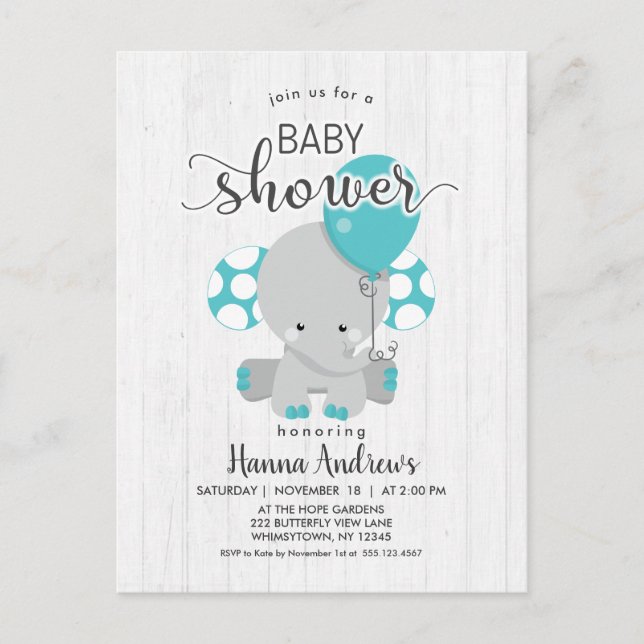 White Wood Teal Elephant Baby Shower Invitation (Front)