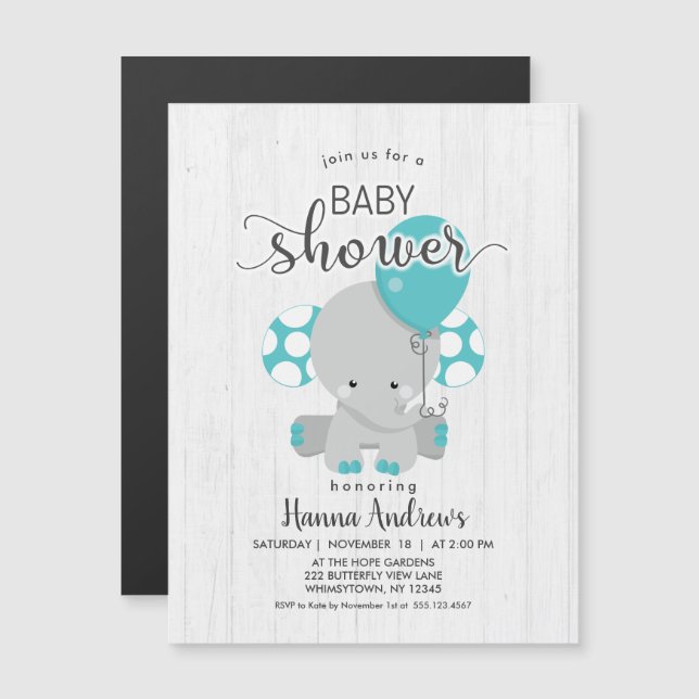 White Wood Teal Elephant Baby Shower Invitation (Front/Back)