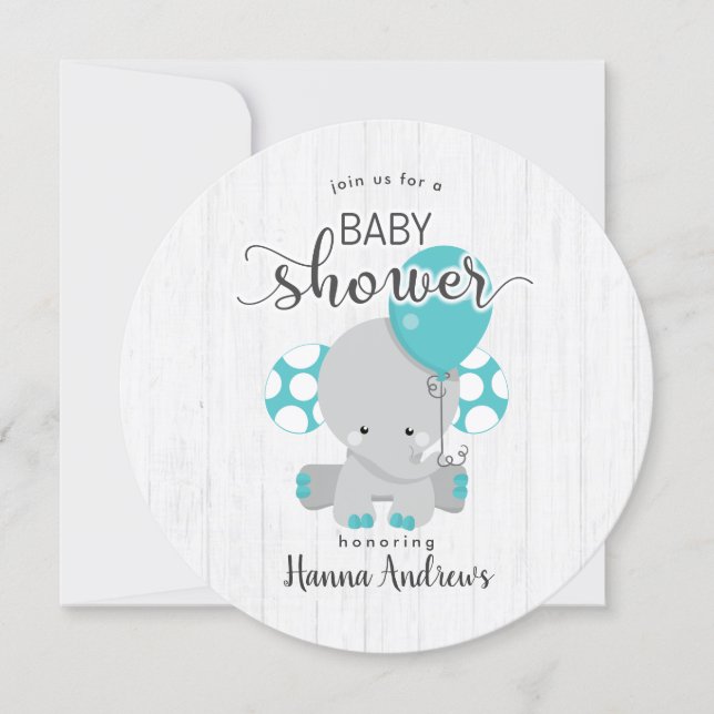 White Wood Teal Elephant Baby Shower Invitation (Front)