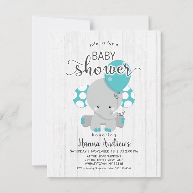 White Wood Teal Elephant Baby Shower Invitation (Front)