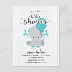 White Wood Teal Elephant Baby Shower Invitation
