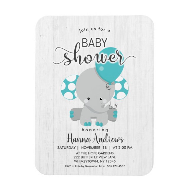 White Wood Teal Elephant Baby Shower Invitation Magnet (Vertical)