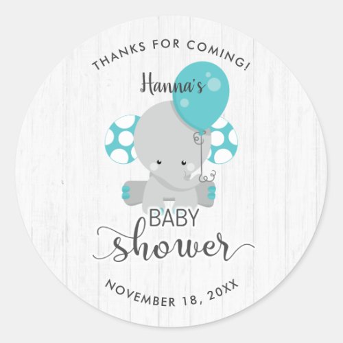 White Wood  Teal Elephant Baby Shower Thank You Classic Round Sticker