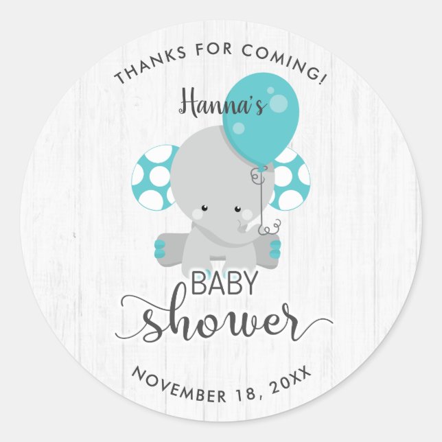 White Wood & Teal Elephant Baby Shower Thank You Classic Round Sticker (Front)