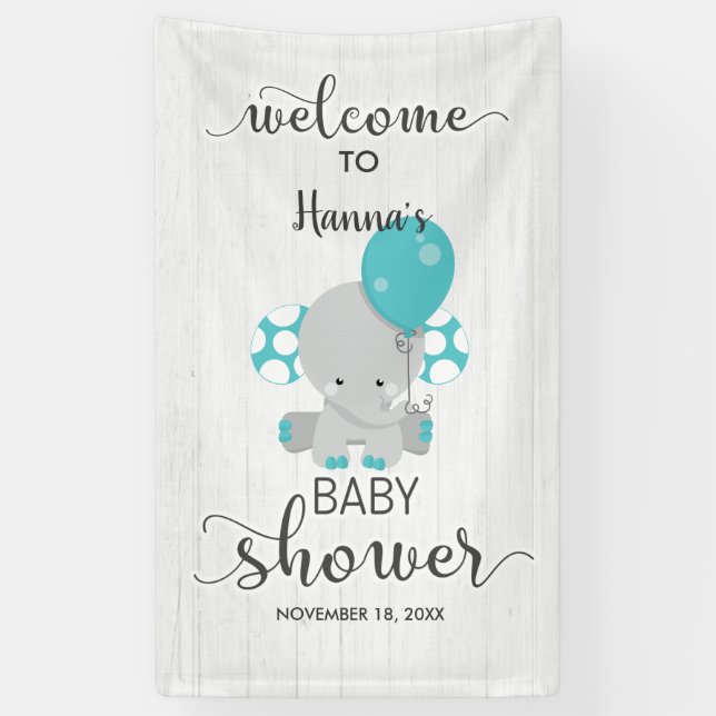 White Wood & Teal Elephant Baby Shower Welcome Banner (Vertical)