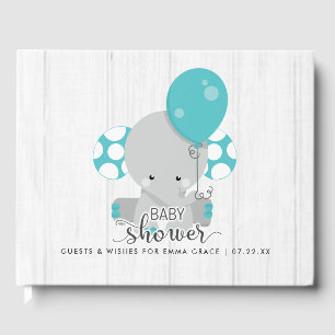 White Wood & Teal Elephant Wishes for Baby Shower Guest Book