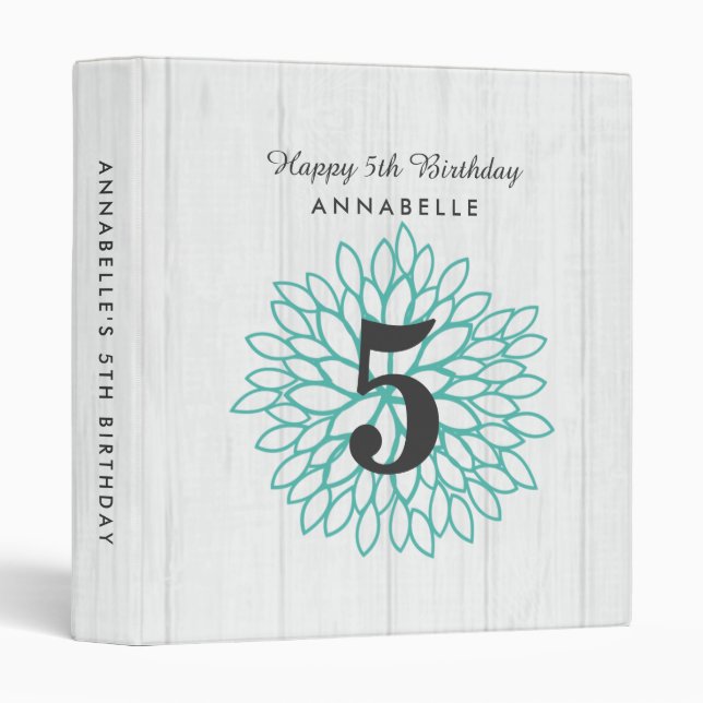 White Wood & Teal Floral Happy Birthday Scrapbook Binder (Front/Spine)