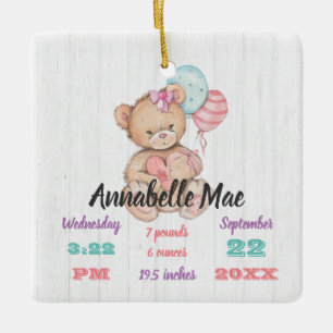 White Wood & Teddy Bear Baby Girl Birth Keepsake Ceramic Ornament
