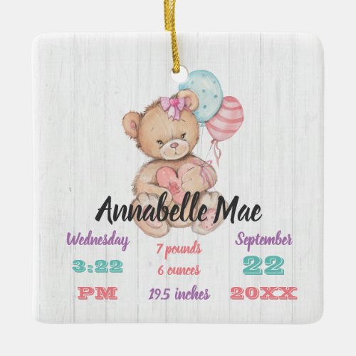 White Wood  Teddy Bear Baby Girl Birth Keepsake Ceramic Ornament