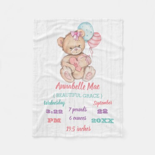 White Wood  Teddy Bear Baby Girl Birth Stats Fleece Blanket