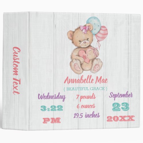 White Wood  Teddy Bear Baby Girl Scrapbook 3 Ring Binder