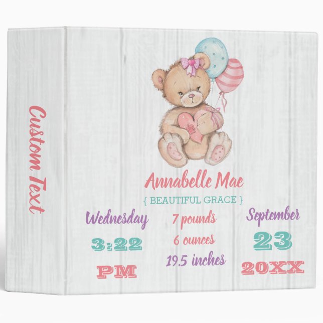 White Wood & Teddy Bear Baby Girl Scrapbook 3 Ring Binder (Front/Spine)