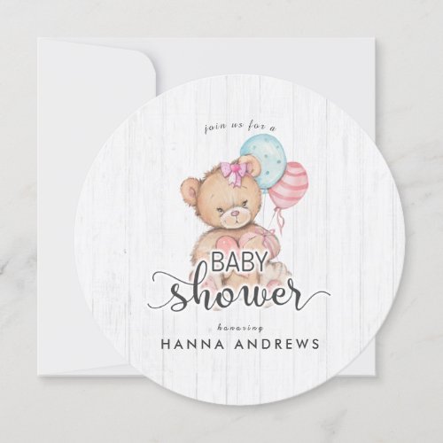 White Wood Teddy Bear Girl Baby Shower Invitation