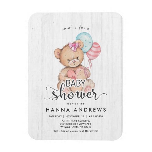 White Wood Teddy Bear Girl Baby Shower Invitation Magnet
