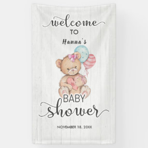 White Wood & Teddy Bear Girl Baby Shower Welcome Banner