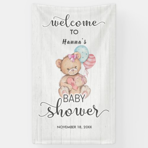 White Wood  Teddy Bear Girl Baby Shower Welcome Banner