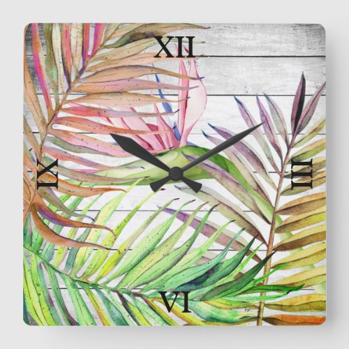White Wood Tropical Garden Bird of Paradise Palm  Square Wall Clock