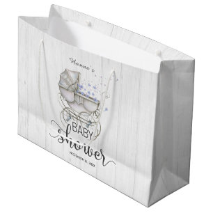 White Wood & Vintage Carriage Boy Baby Shower Large Gift Bag