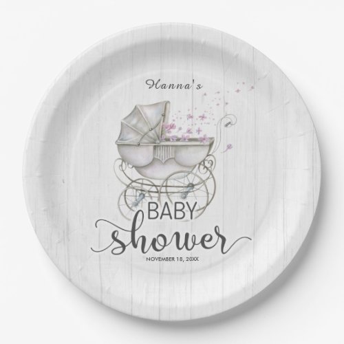 White Wood  Vintage Carriage Girl Baby Shower Paper Plates