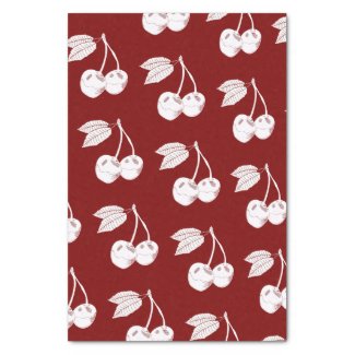 White Woodcut Cherry Design on Dark Red