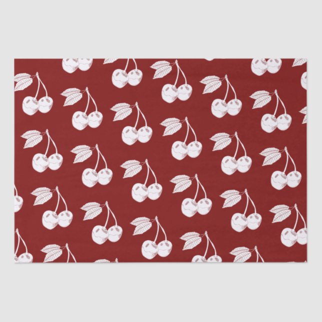 White Woodcut Cherry Design on Dark Red Tissue Paper (Front)
