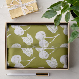 White Woodcut Cherry Design on Olive Green Tissue Paper