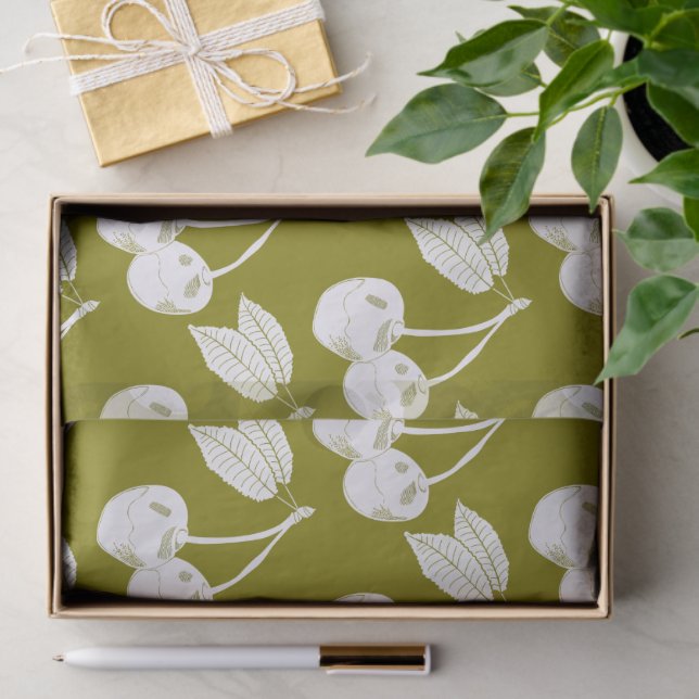 White Woodcut Cherry Design on Olive Green Tissue Paper (Gift)