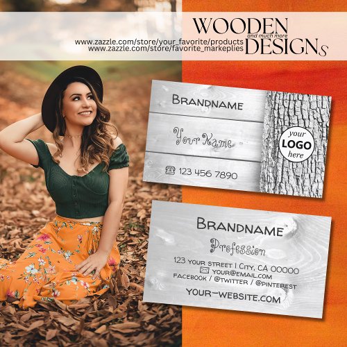 White Wooden Boards Rustic Tree Bark Grain Logo Business Card