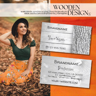 White Wooden Boards Rustic Tree Bark with Monogram Business Card