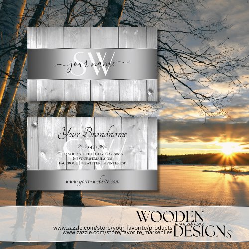 White Wooden Boards Wood Grain and Monogram Silver Business Card