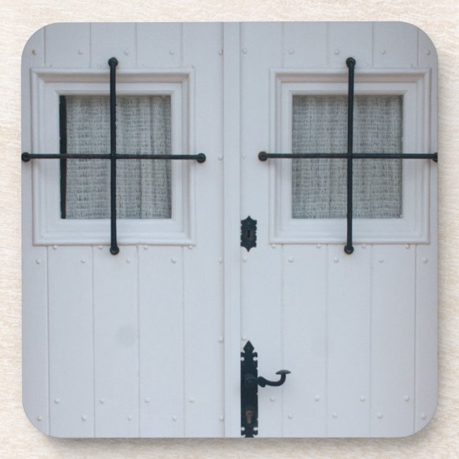 White Wooden Door With Black Wrought Iron Works Drink Coaster (Front)