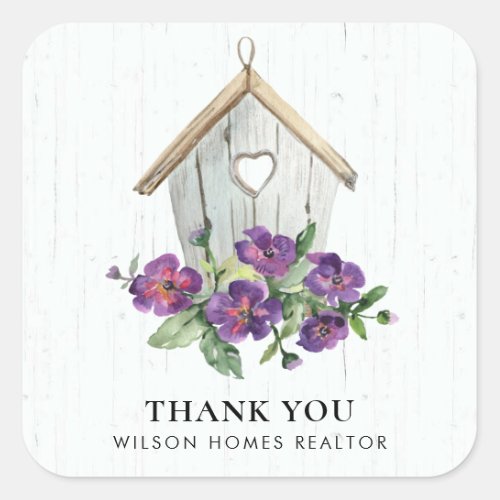 WHITE WOODEN FLORAL BIRDHOUSE THANK YOU REALTOR SQUARE STICKER
