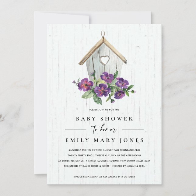 WHITE WOODEN RUSTIC FLORAL BIRDHOUSE BABY SHOWER INVITATION (Front)