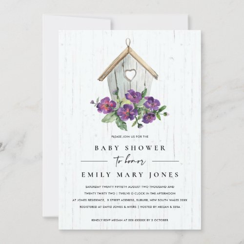 WHITE WOODEN RUSTIC FLORAL BIRDHOUSE BABY SHOWER INVITATION