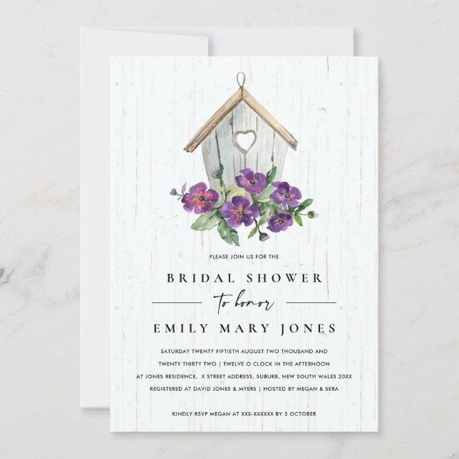 WHITE WOODEN RUSTIC FLORAL BIRDHOUSE BRIDAL SHOWER INVITATION (Front)