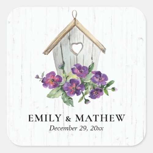 WHITE WOODEN RUSTIC FLORAL BIRDHOUSE WEDDING SQUARE STICKER