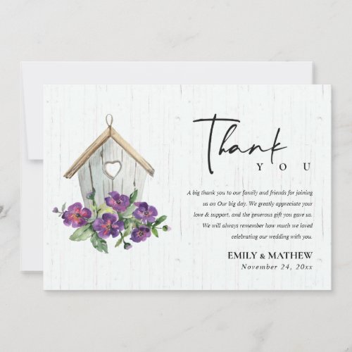 WHITE WOODEN RUSTIC FLORAL BIRDHOUSE WEDDING THANK YOU CARD