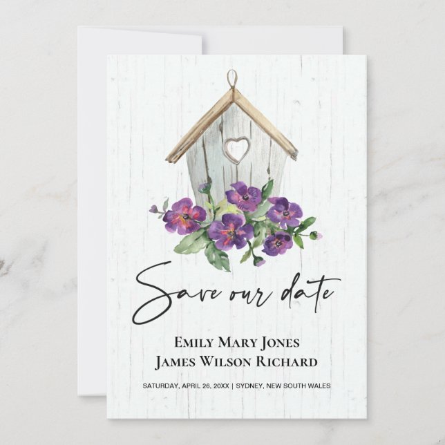 WHITE WOODEN RUSTIC PURPLE FLORAL BIRDHOUSE SAVE THE DATE (Front)