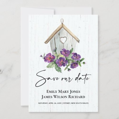 WHITE WOODEN RUSTIC PURPLE FLORAL BIRDHOUSE SAVE THE DATE