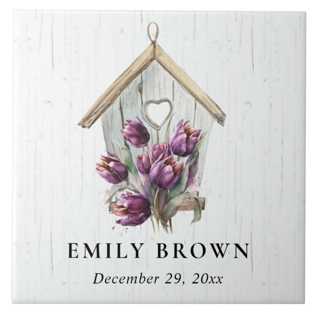White Wooden Rustic Purple Tulip Floral Birdhouse  Ceramic Tile (Front)