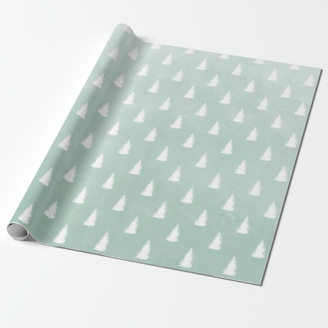  White Woodland Forest Spruce Trees Sage Green Wrapping Paper (Unrolled)