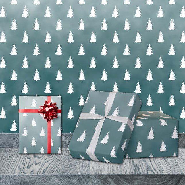  White Woodland Forest Trees Blue Spruce Wrapping Paper (White Woodland Forest Trees Blue Spruce Christmas Holiday Gift Wrapping Paper Rolls)