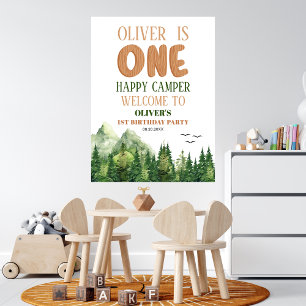 White Woodland Happy Camper First Birthday Welcome Poster