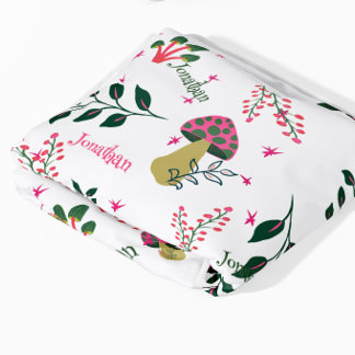 White Woodland, Mushrooms and Forest Custom Name Baby Blanket