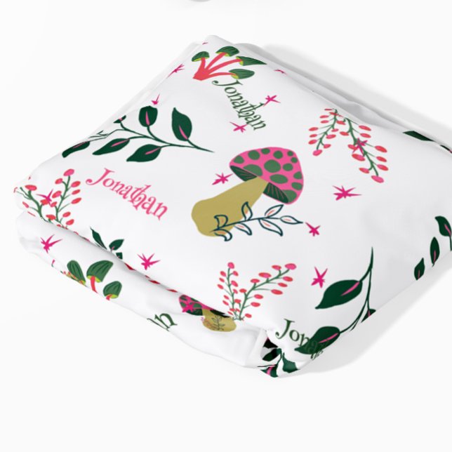 White Woodland, Mushrooms and Forest Custom Name Baby Blanket (Funny and cute mushrooms and custom baby name blanket!)