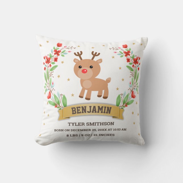 White Woodland Reindeer Baby Boy Birth Stats Throw Pillow (Front)