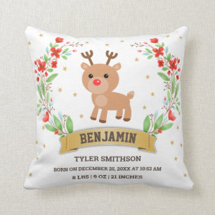 White Woodland Reindeer Baby Boy Birth Stats Throw Pillow