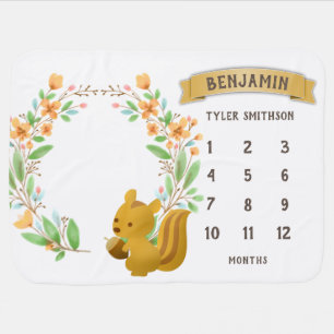 White Woodland Squirrel Monthly Milestone Baby Blanket